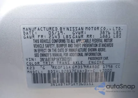 2019 Nissan Sentra S/Sv/Sr/Sl z USA, uszkodzony, nr VIN 3N1AB7AP1KY360151